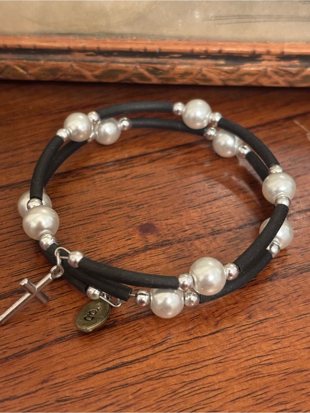 Pearl & Black Cord Wrap Bracelet with Cross Charm